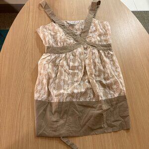 Ninety Palm Tree Print Tank Top Medium Tan and White Waist Tie Cotton Sleeveless